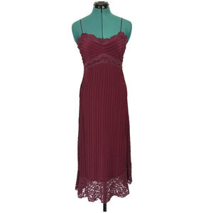 NWT FARM RIO Pleated Midi Slip Dress Lace‎ Trim Burgundy Size XS